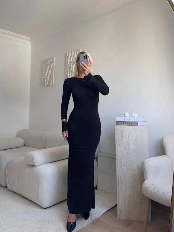 Sırt Dekolte Long Elbise - SİYAH