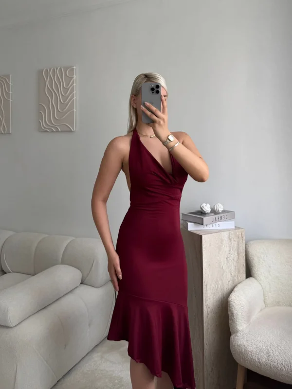 Sırt Dekolteli Halter Yaka Midi Elbise - Mürdüm