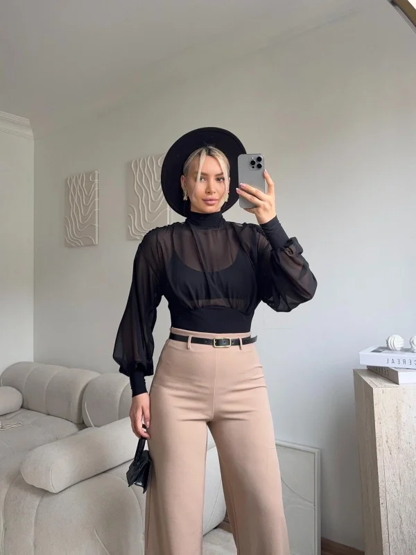 Sırt Dekolteli Şifon Bodysuit - SİYAH