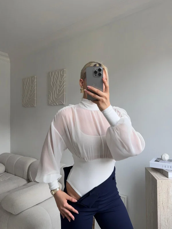 Sırt Dekolteli Şifon Bodysuit - BEYAZ