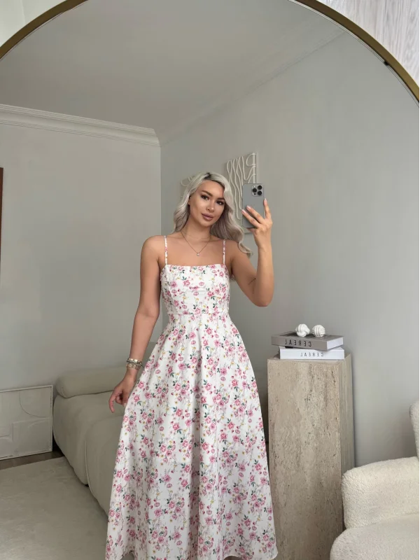 Smock Sırt Detaylı Çiçekli Elbise - BEYAZ