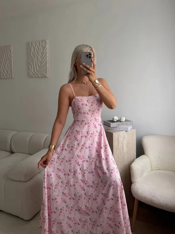 Smock Sırt Detaylı Çiçekli Elbise - PEMBE