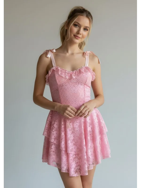 Şortlu Bel Korse Dantel Elbise - PEMBE