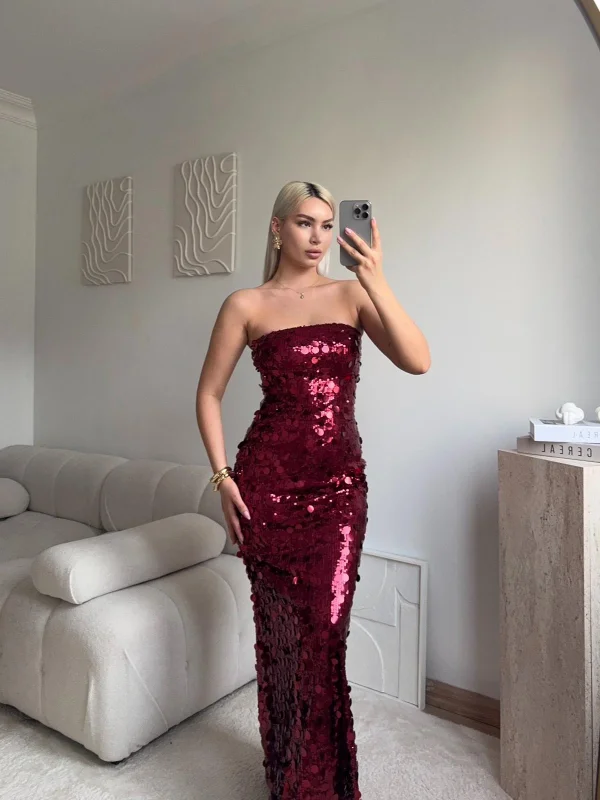 Straplez Pullu Elbise - BORDO