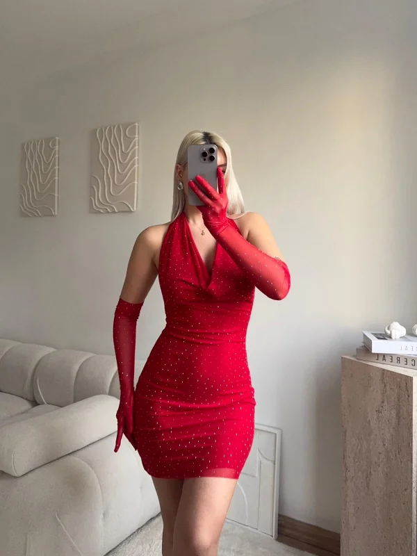 Taşlı Eldivenli Elbise - KIRMIZI