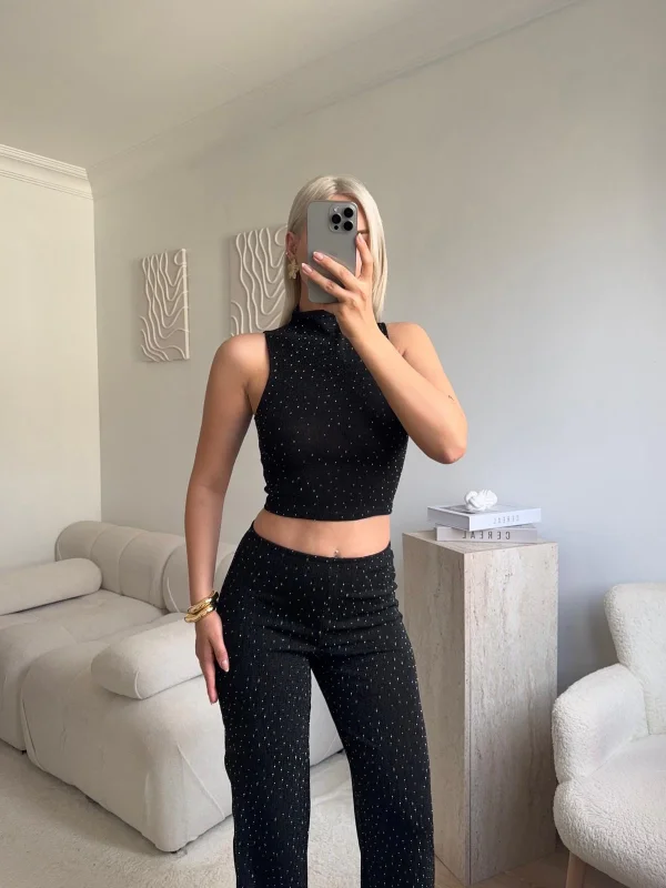 Taşlı Halter Crop & Pantolon Takım - SİYAH