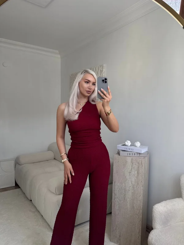 Tek Omuz Crop & Pantolon Takım - BORDO