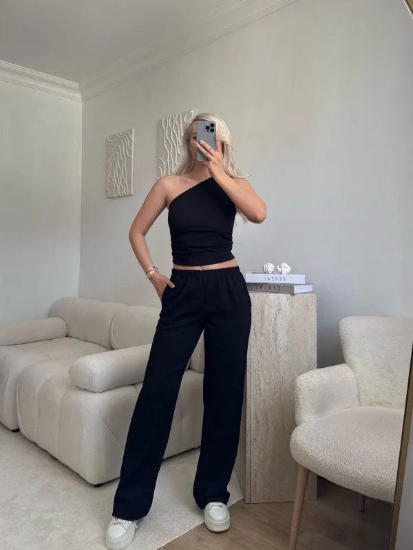Tek Omuz Crop & Pantolon Takım - SİYAH