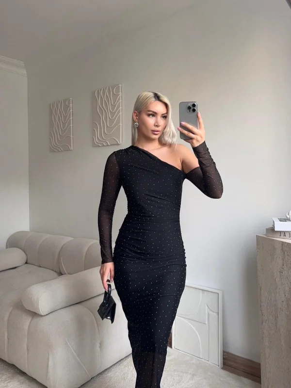 Tek Omuz Kol Tül Taşlı Elbise - SİYAH