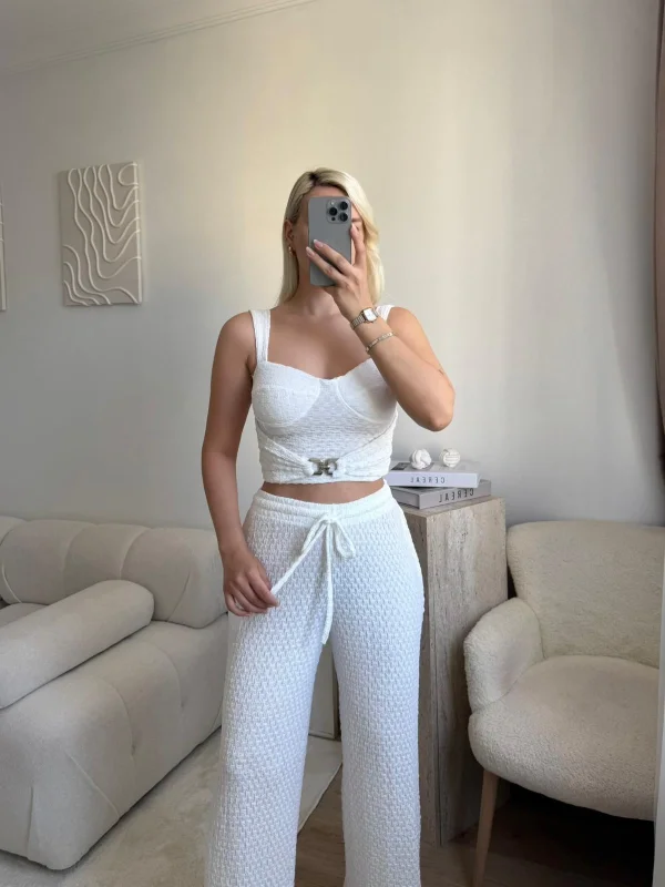 Tokalı Dokulu Kumaş İkili Takım- BEYAZ