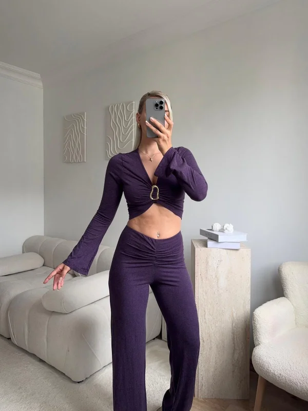 Tokalı Kruvaze Crop & Pantolon Takım - MOR