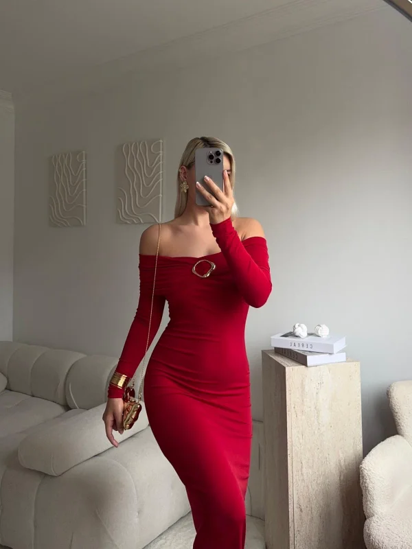 Tokalı Madonna Long Elbise - KIRMIZI