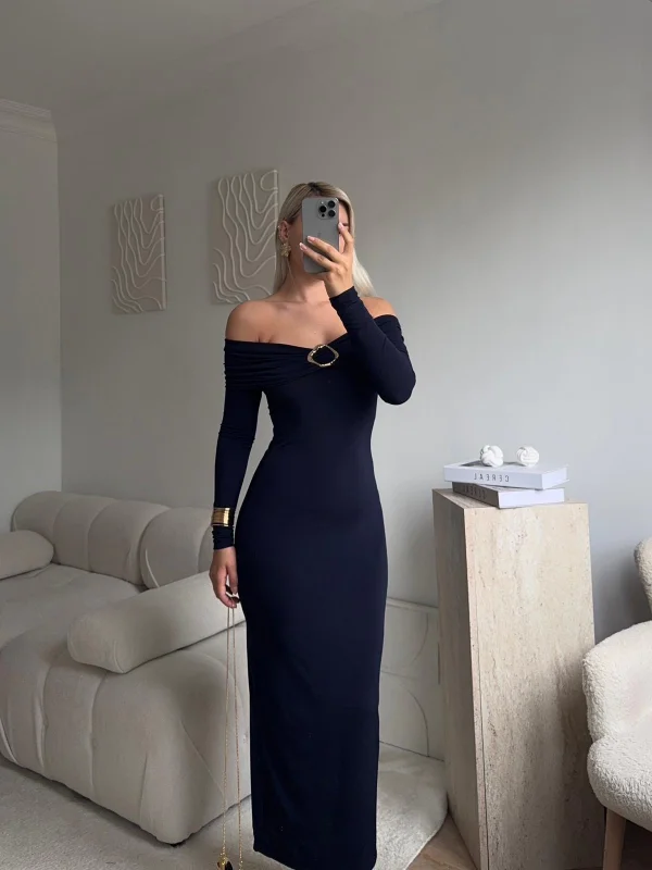 Tokalı Madonna Long Elbise - LACİVERT