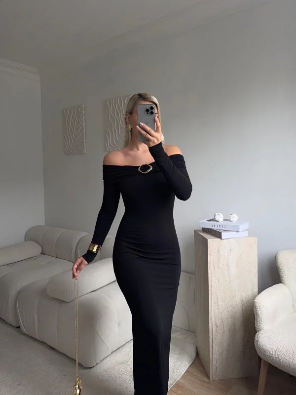 Tokalı Madonna Long Elbise - SİYAH