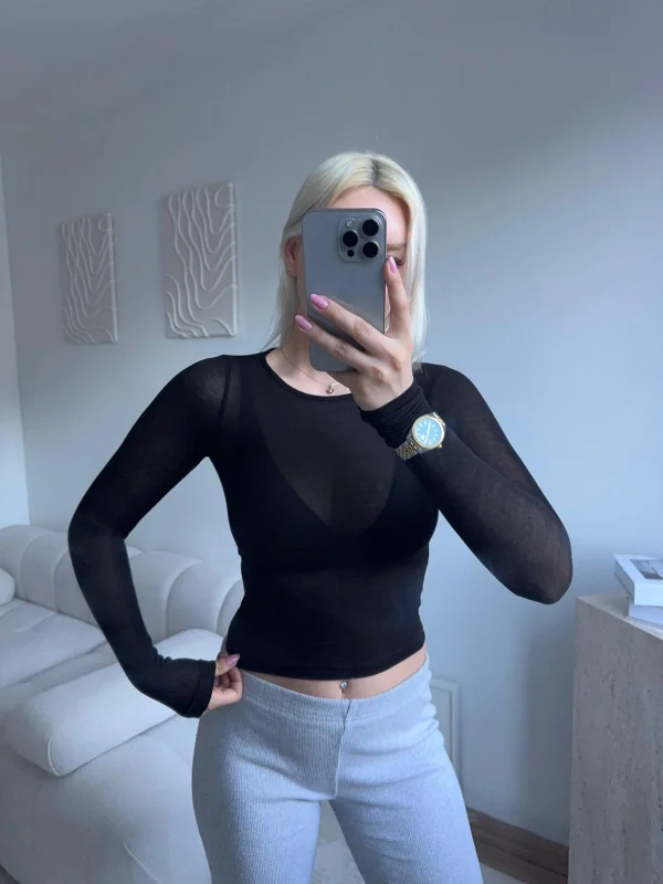 Transparan Bisiklet Yaka Uzun Kollu Bluz- SİYAH