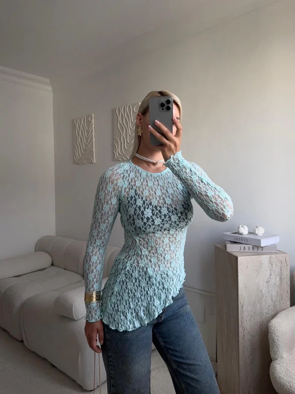 Transparan Dantel Bluz - MAVİ