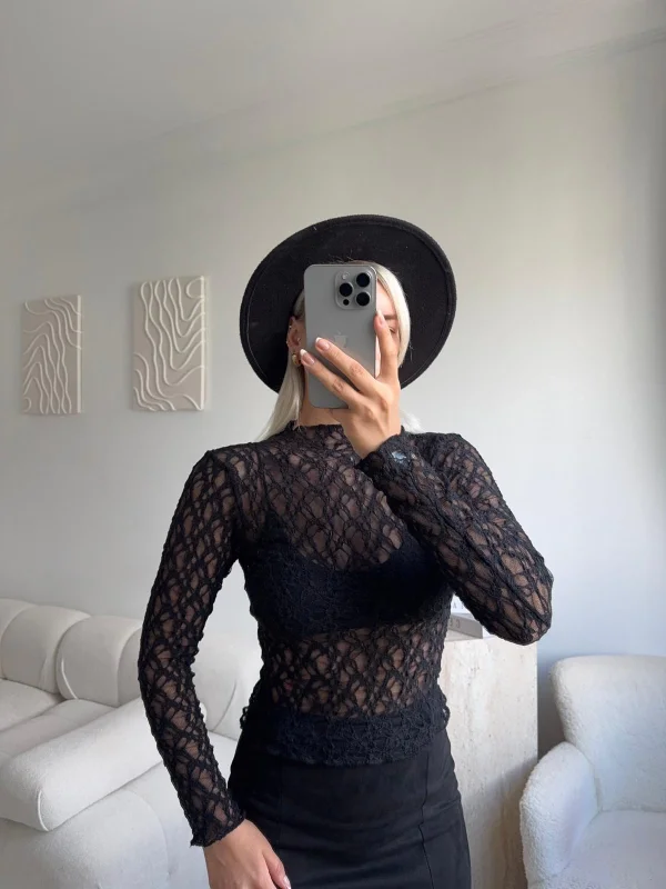 Transparan Dantel Bluz - SİYAH