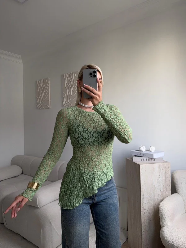 Transparan Dantel Bluz - YEŞİL