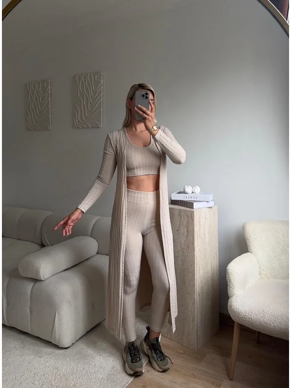 Triko Burgu Üçlü Takım - BEJ