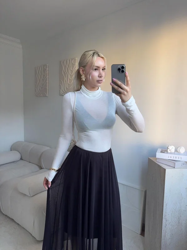 Tül Detay Midi Etek - KAHVE