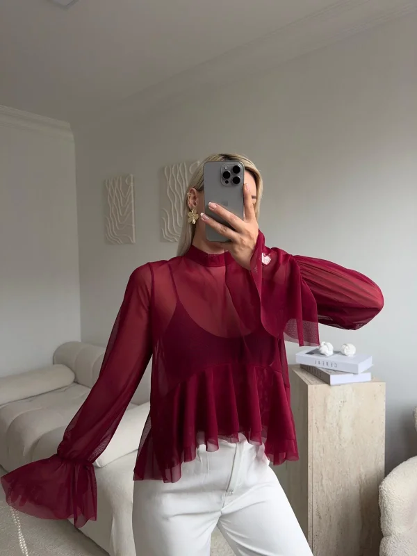 Tül Volanlı Tasarım Bluz - BORDO