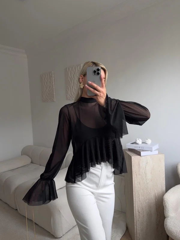 Tül Volanlı Tasarım Bluz - KAHVE