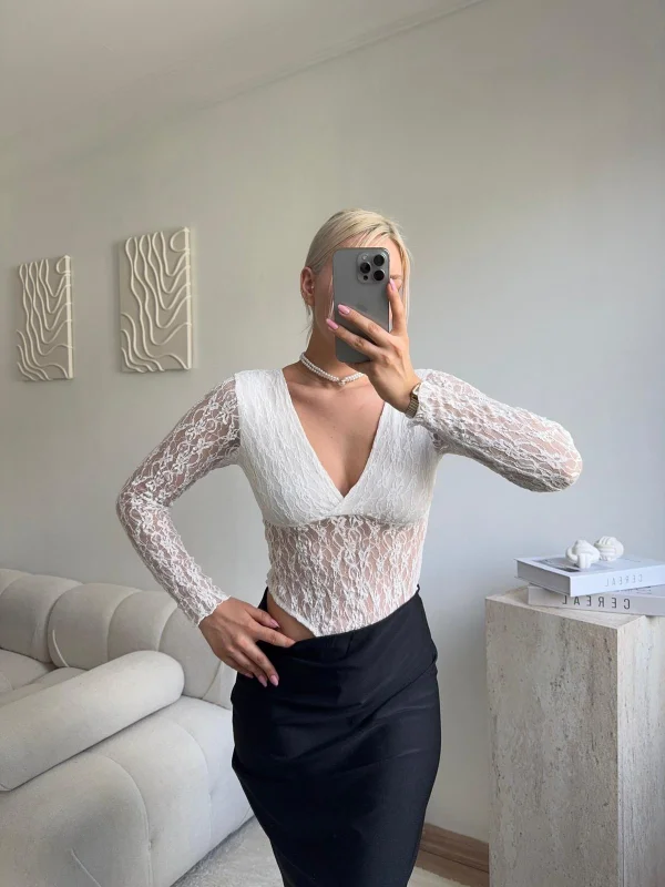 Uzun Kollu Dantel Bodysuit - BEYAZ