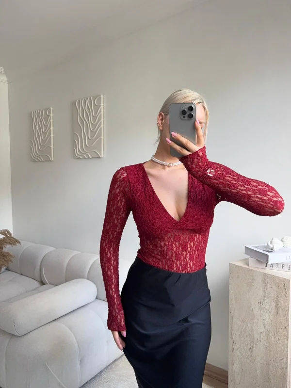 Uzun Kollu Dantel Bodysuit - BORDO