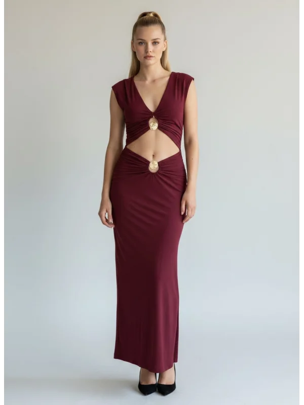 V Yaka Pencere Detay Elbise - BORDO