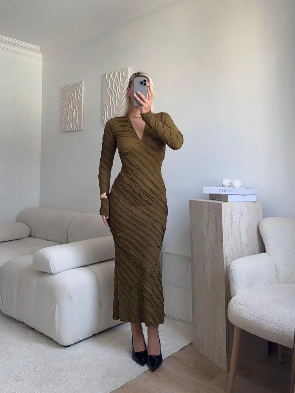 V Yaka Ters Dikiş Elbise - HAKİ