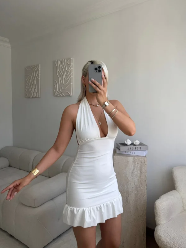 V Yaka Volanlı Sırt Detay Elbise - BEYAZ