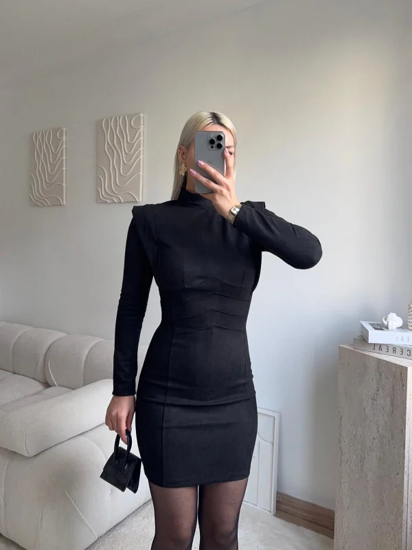 Vatkalı Bel Korse Elbise - SİYAH