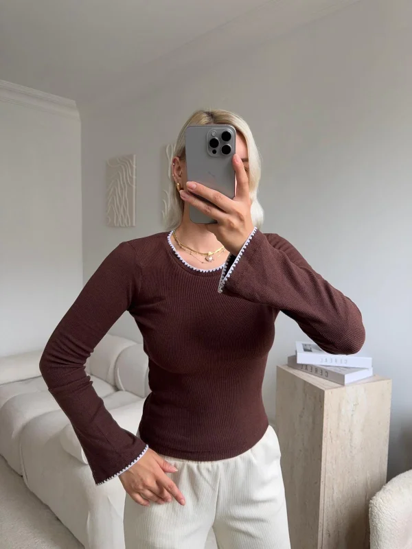 Volan Kol Kontrast Bluz - KAHVE