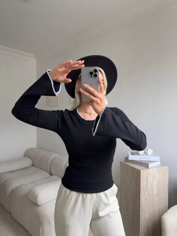 Volan Kol Kontrast Bluz - SİYAH