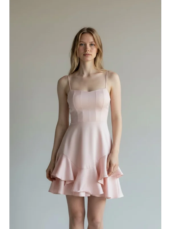 Volanlı Twist Prenses Elbise - PEMBE