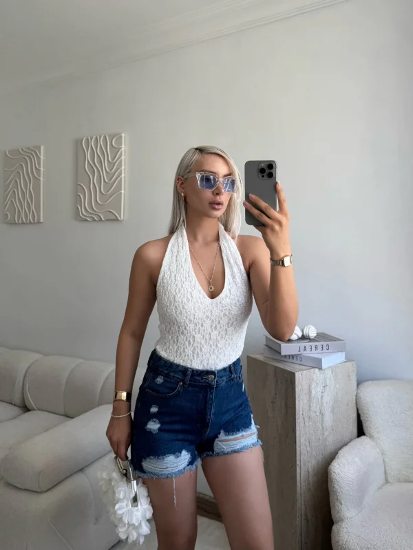 Yırtık Lazer Kot Şort - KOYU MAVİ