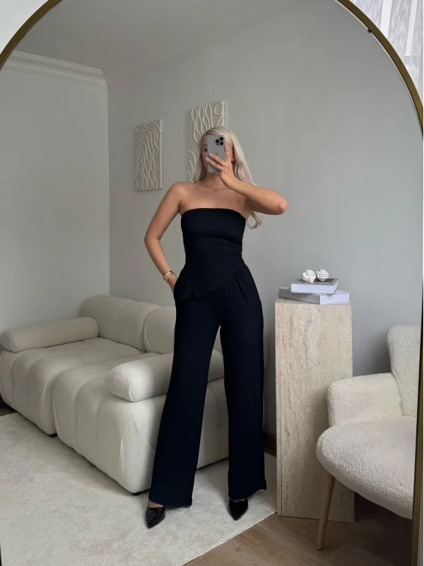 Yırtmaç Detay Straplez Takım - SİYAH