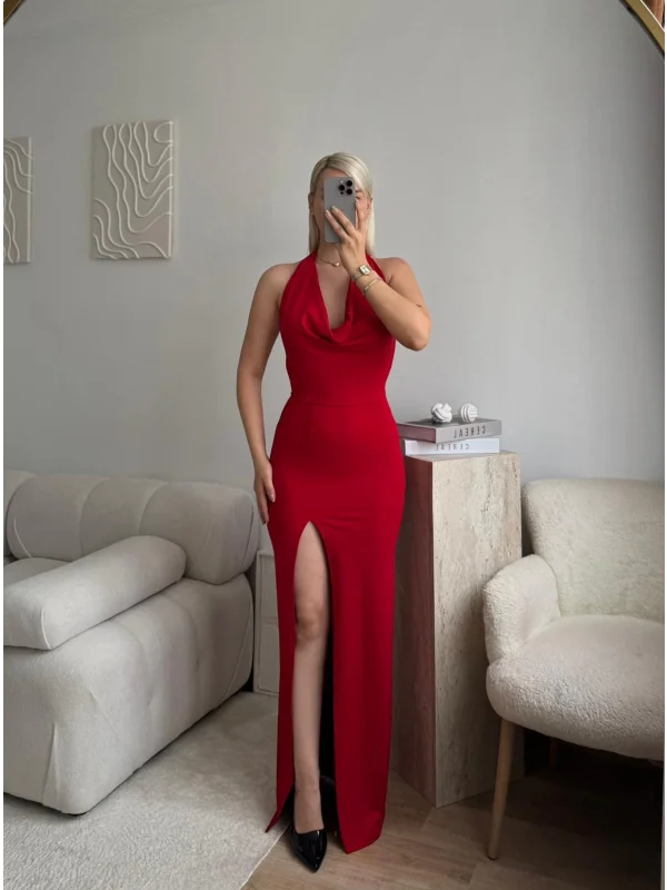 Yırtmaçlı Bağlamalı Uzun Elbise - KIRMIZI