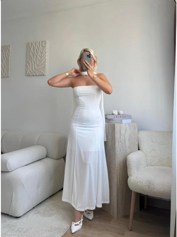 Yırtmaçlı Straplez Kuşaklı Elbise - BEYAZ