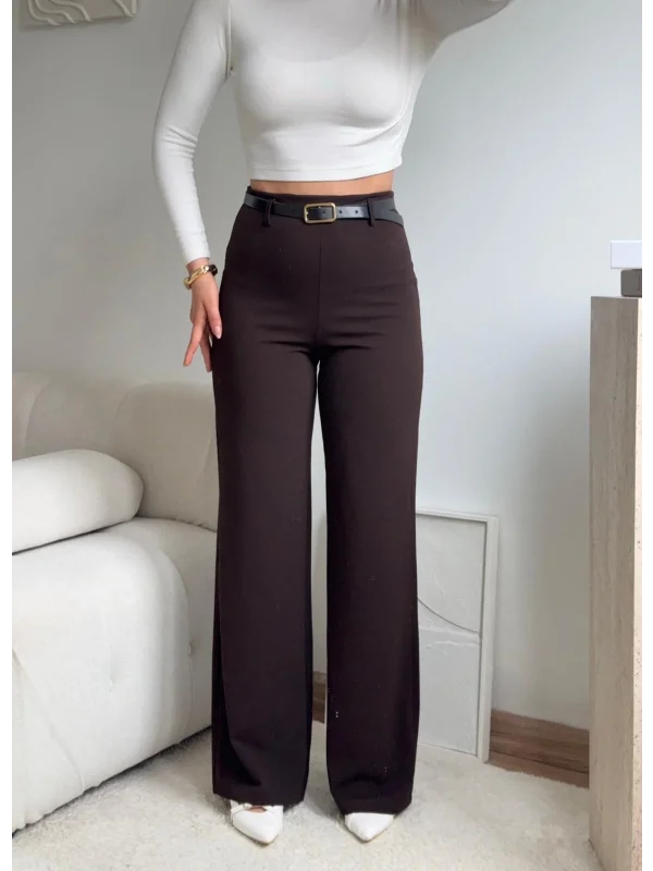 Yüksek Bel Geniş Paça Kumaş Pantolon - KAHVE
