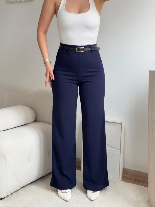 Yüksek Bel Geniş Paça Kumaş Pantolon - LACİVERT