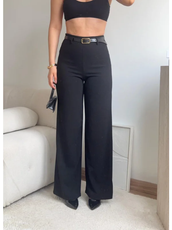 Yüksek Bel Geniş Paça Kumaş Pantolon - SİYAH
