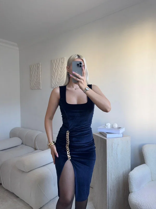 Zincir Aksesuar Kare Yaka Elbise - LACİVERT