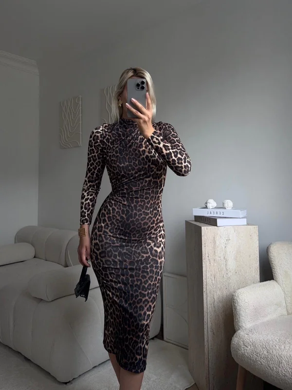 ZR Dik Yaka Leopar Elbise