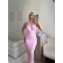 Boyun Bağlamalı Gofre Elbise - PEMBE