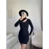 Cut Out Detaylı Dik Yaka Elbise - SİYAH