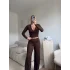 Kruvaze Bağlamalı Crop & Pantolon Takım - KAHVE