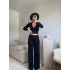 Kruvaze Bağlamalı Crop & Pantolon Takım - SİYAH