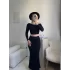 Tek Omuz Crop & Maxi Etek Takım - SİYAH