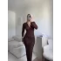 V Yaka Ters Dikiş Elbise - KAHVE